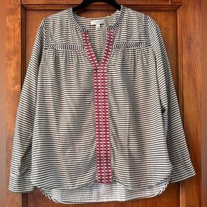 I. Crew Peasant Top in Gray and white stripe with embroidery- Size 2